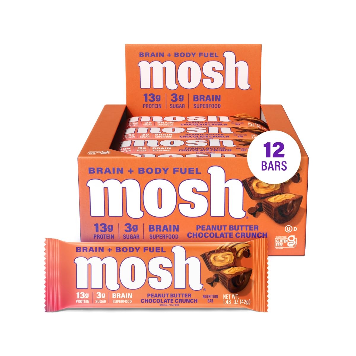 Protein Bars Peanut Butter Chocolate Keto High Fiber Low Carb 12 Count MOSH