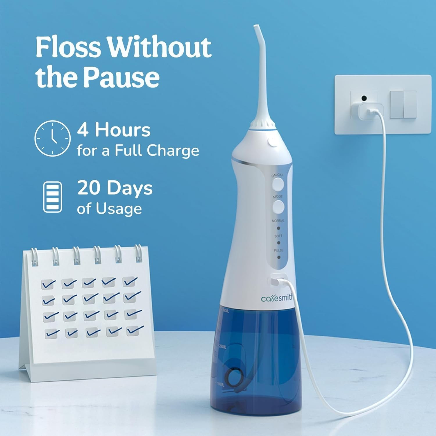 Caresmith Cordless Dental Flosser: 300ml Tank, 3 Modes, IPX7 Waterproof.