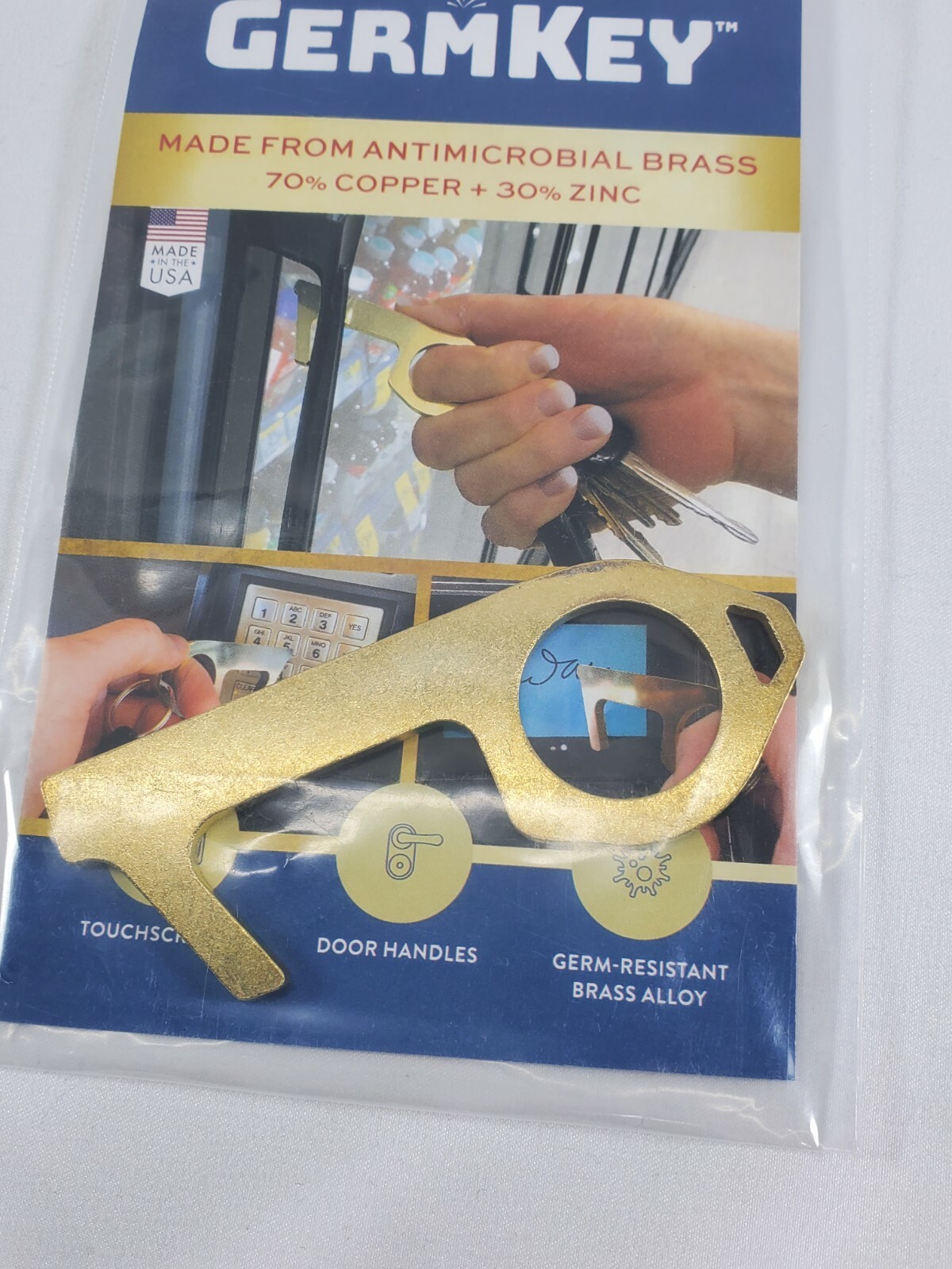 ORIGINAL Germ Key From Antimicrobial Brass Made In USA Attaches To Keychain New!