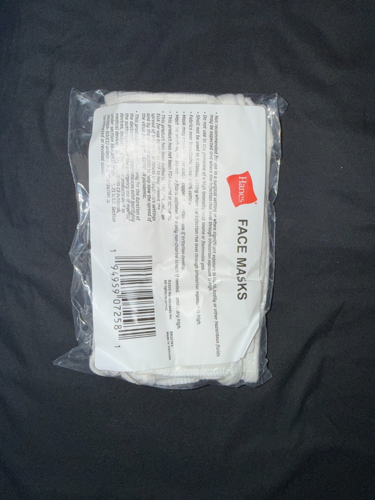 Hanes 100% Cotton Washable & Reusable LOT White – 5 Per SEALED PACK