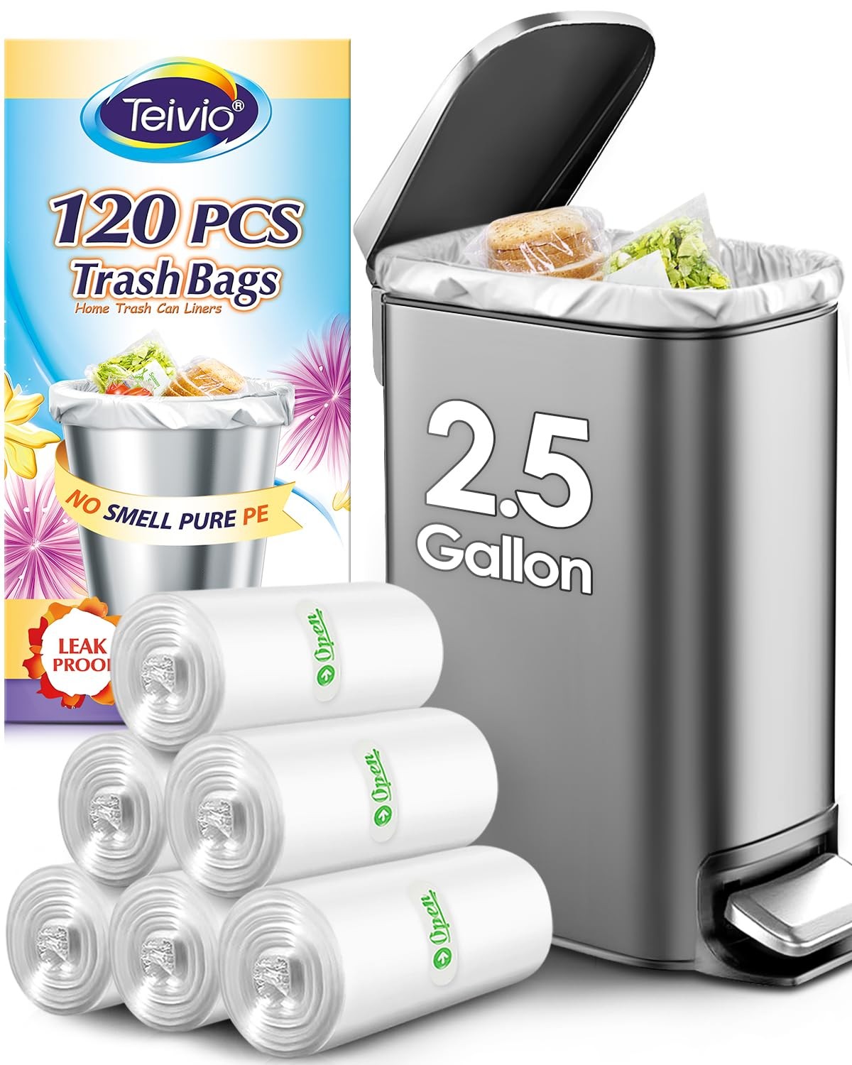 Teivio 2.5 Gallon 120 Counts Strong Trash Bags 1 Count (Pack of 120), Clear