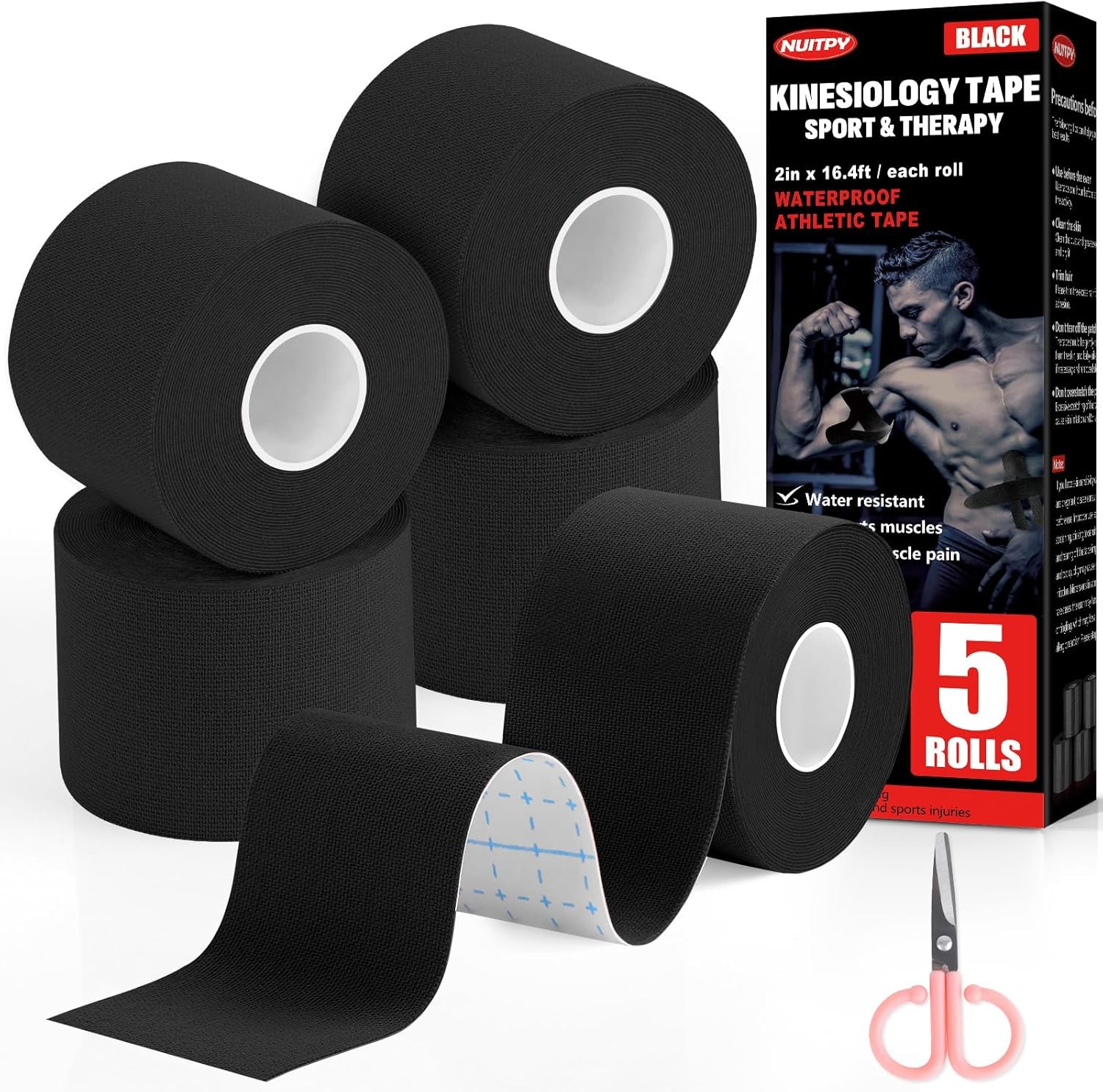5 Rolls Kinesiology Tape 2″ x 16.4 ft – Waterproof Athletic Muscle Tape, Uncut