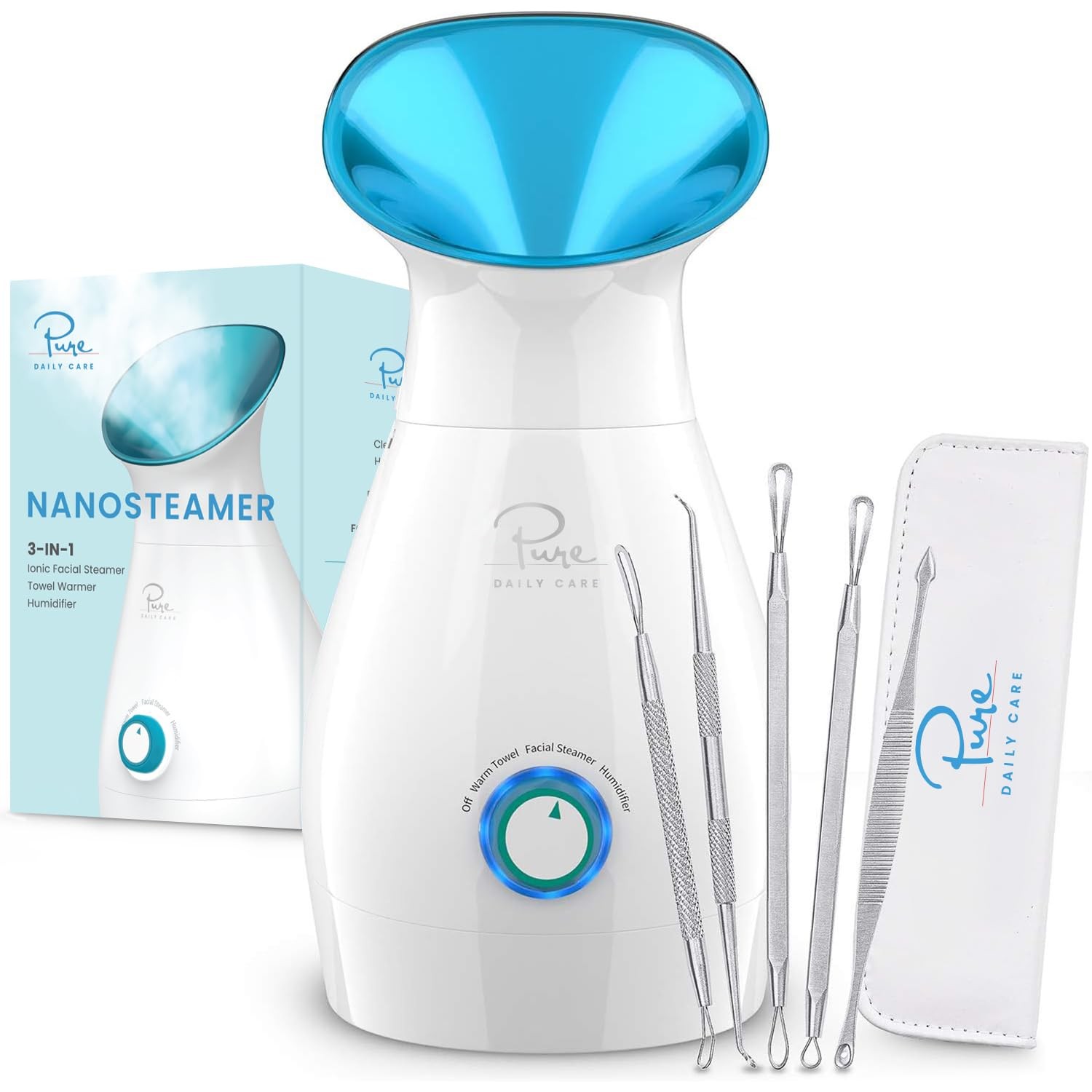 Pure Daily Care NanoSteamer Large 3-in-1 Nano Ionic Facial 9 Piece Set, Teal