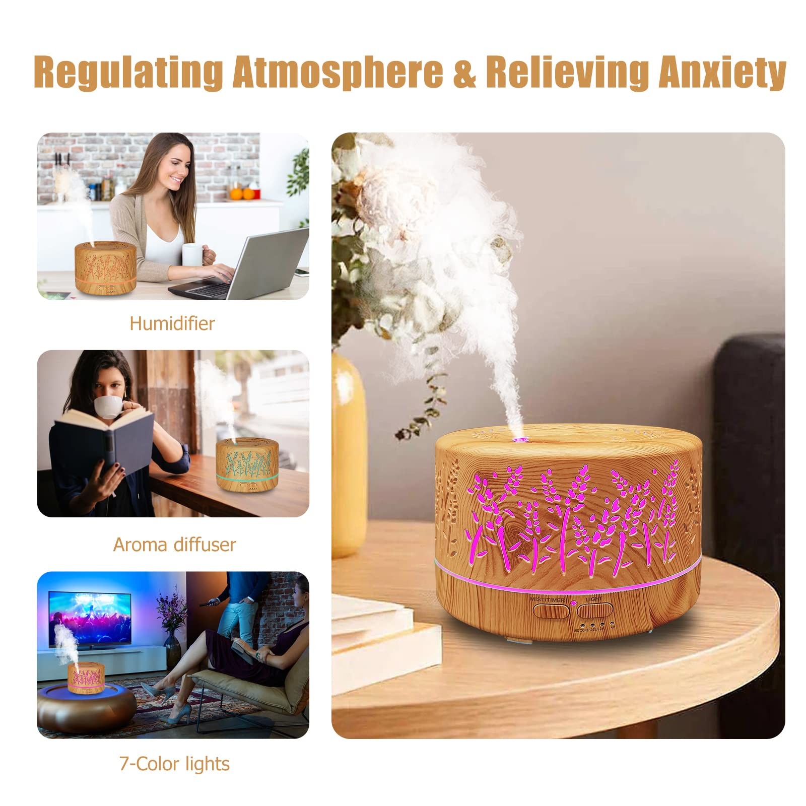 Essential Oil Diffuser 600ml Cool Mist 7 Colors Light Wood QYUS22085 Diffusers