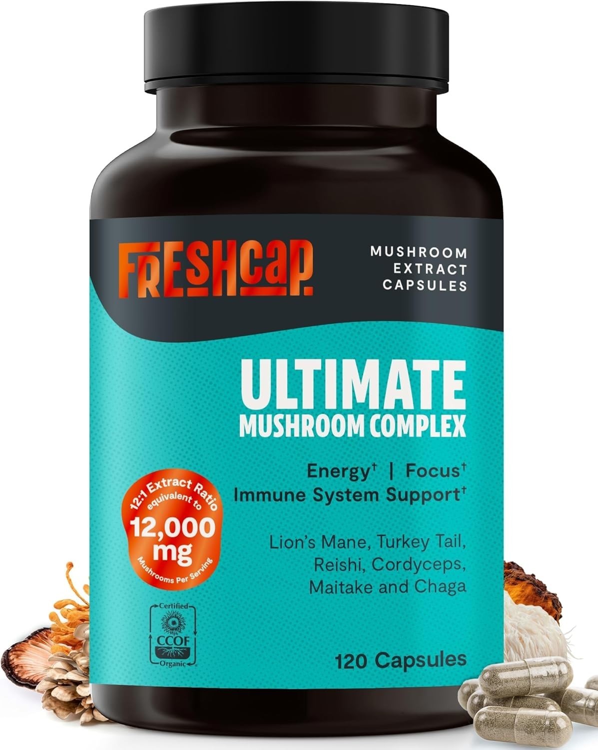 FreshCap Mushrooms Premium Organic Ultimate Mushroom Supplement – 12:1 Fruiting