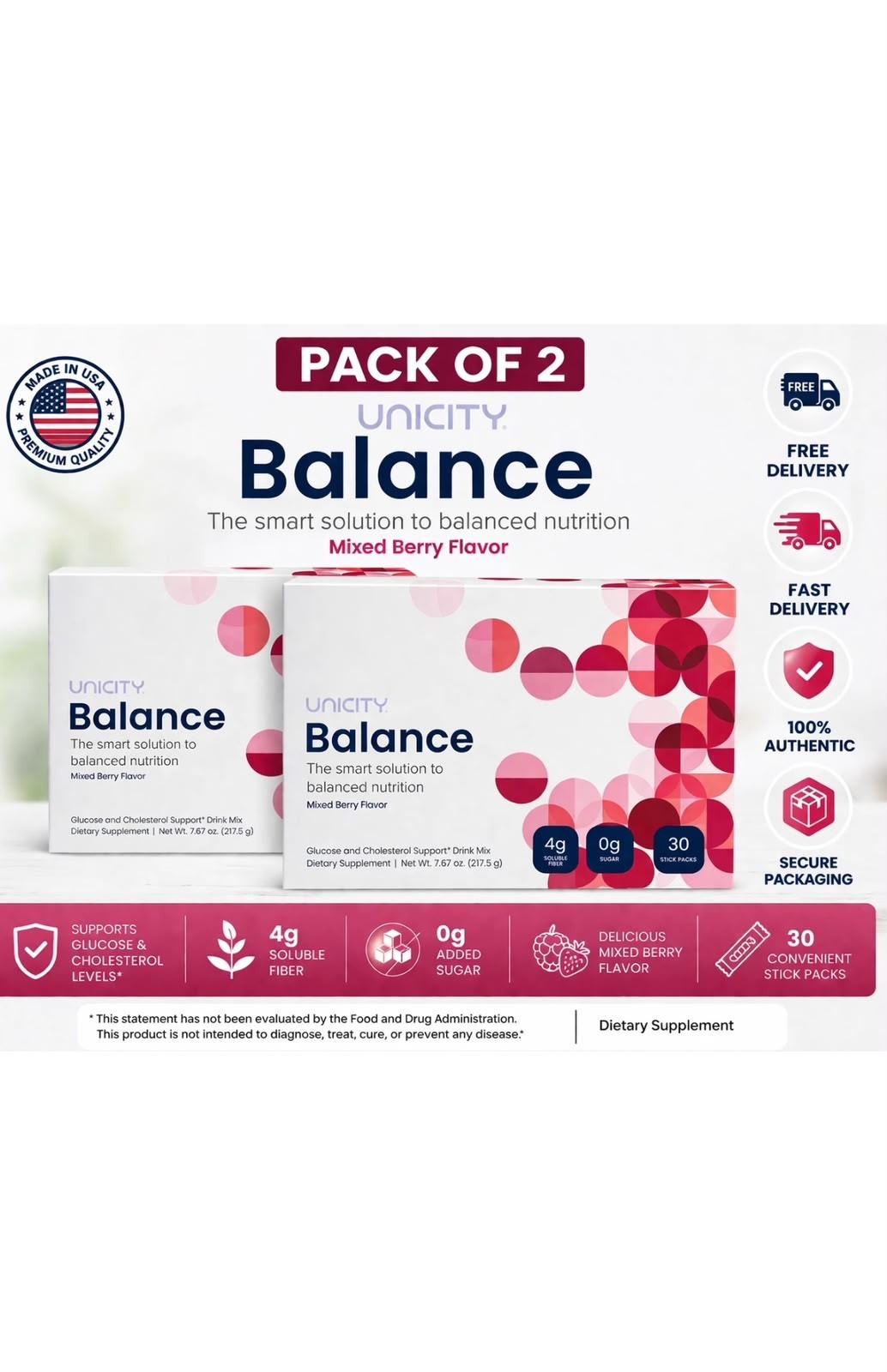 NEW 2 Boxes Combo-Unicity Balance Mixed Berry Flavor Total 60 Packs