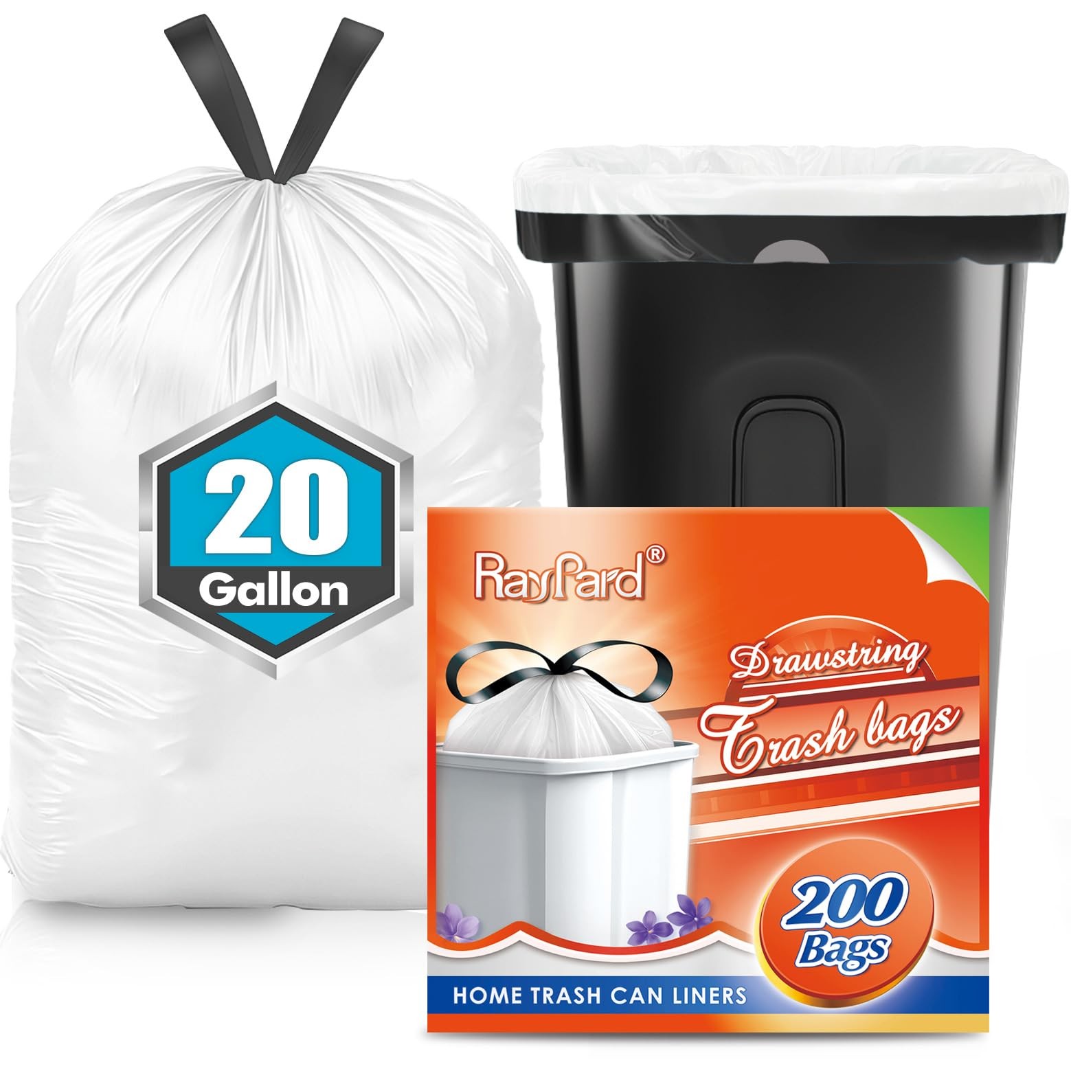 RayPard 20 Gallon Large Drawstring Trash Bags 1 Count (Pack of 200), White