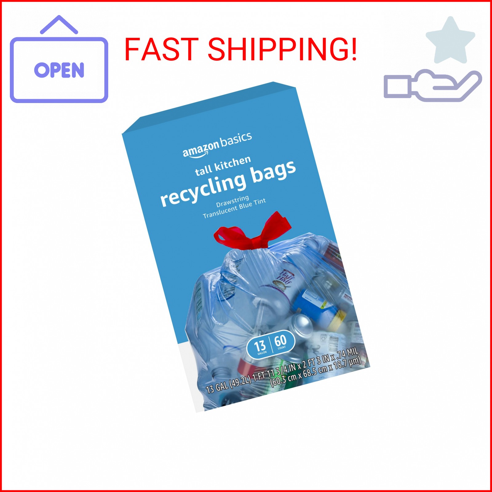Amazon Basics Blue Recycling Drawstring Trash Bags, Tall Kitchen, Unscented, 13