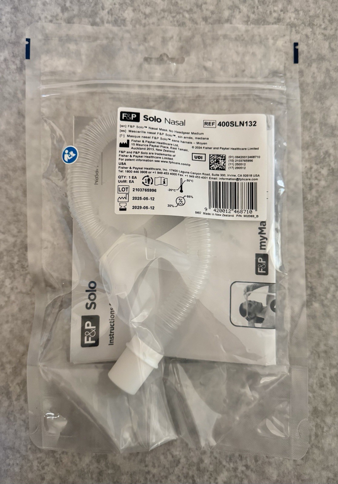 Solo Nasal CPAP Mask Cushion, Medium with Swiveling Short Tube, “Factory Sealed”