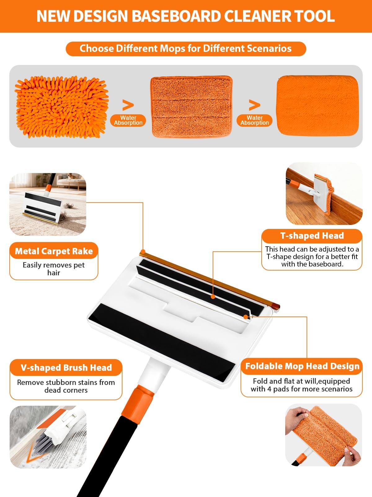 Baseboard Cleaning Tool 4-in-1 Extendable Handle 5 Reusable Pads Carpet