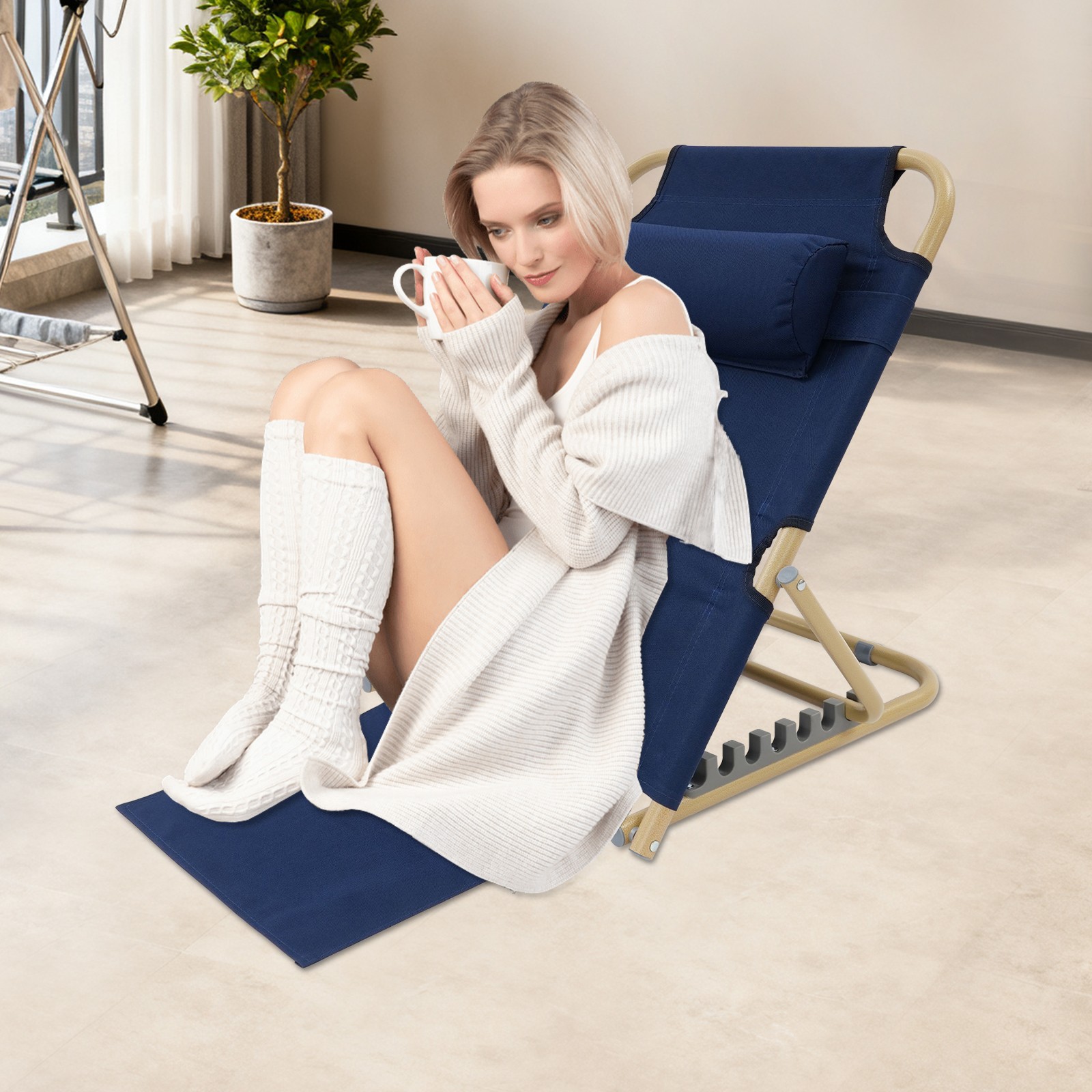 Deep Blue Portable Folding Adjustable Sit up Back Rest, Multifunction Bed Chair