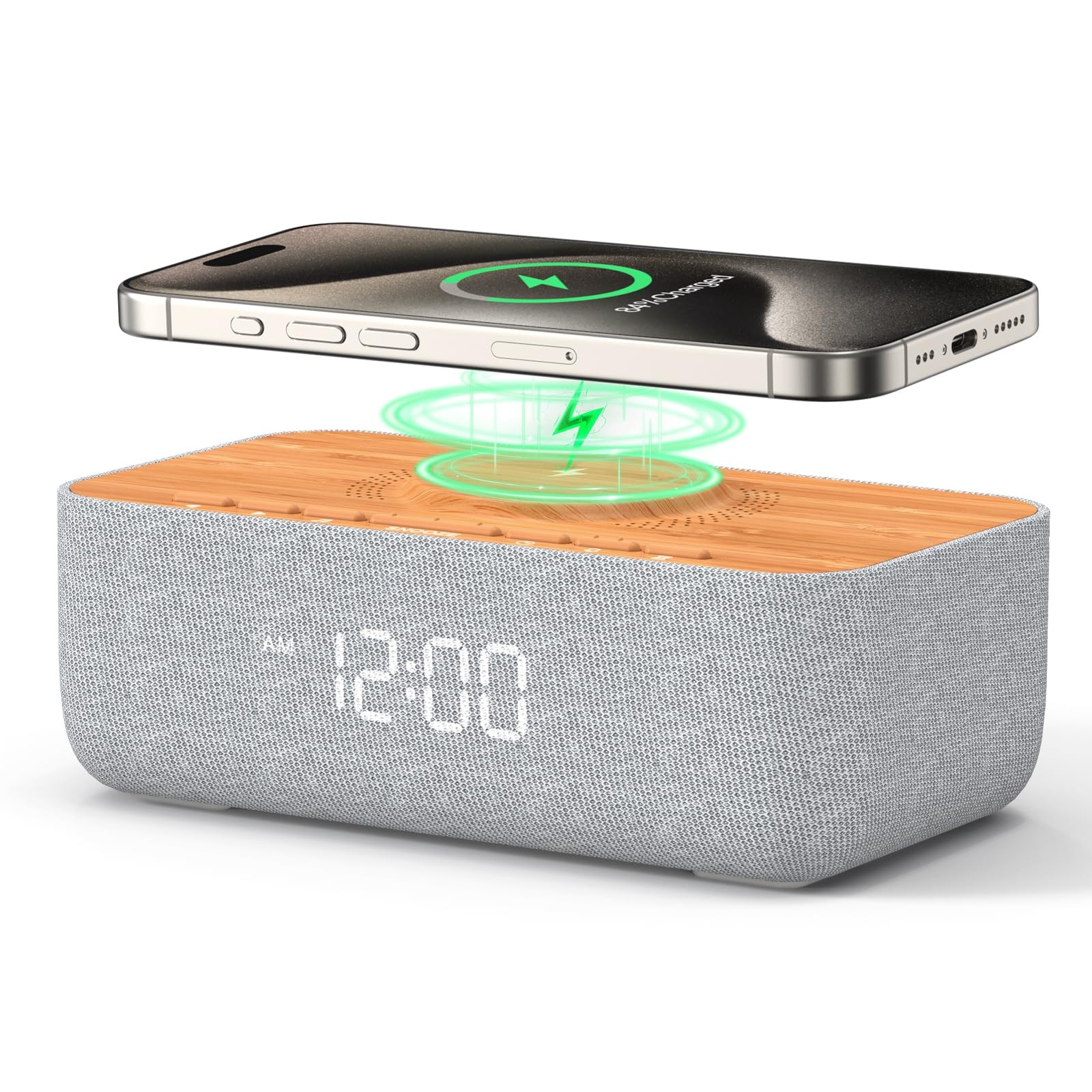 Wireless Charging Alarm Clock 15W Magnetic White Noise Woodgrain REACHER Fast