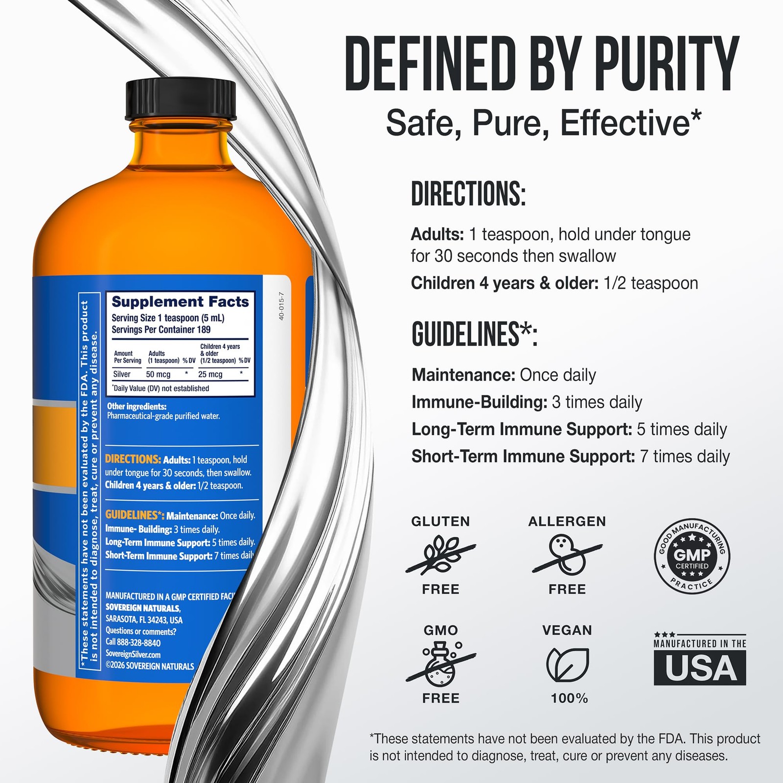 Colloidal Silver Immune Support 10 ppm 32 Fl Oz Sovereign Bio-Active Hydrosol