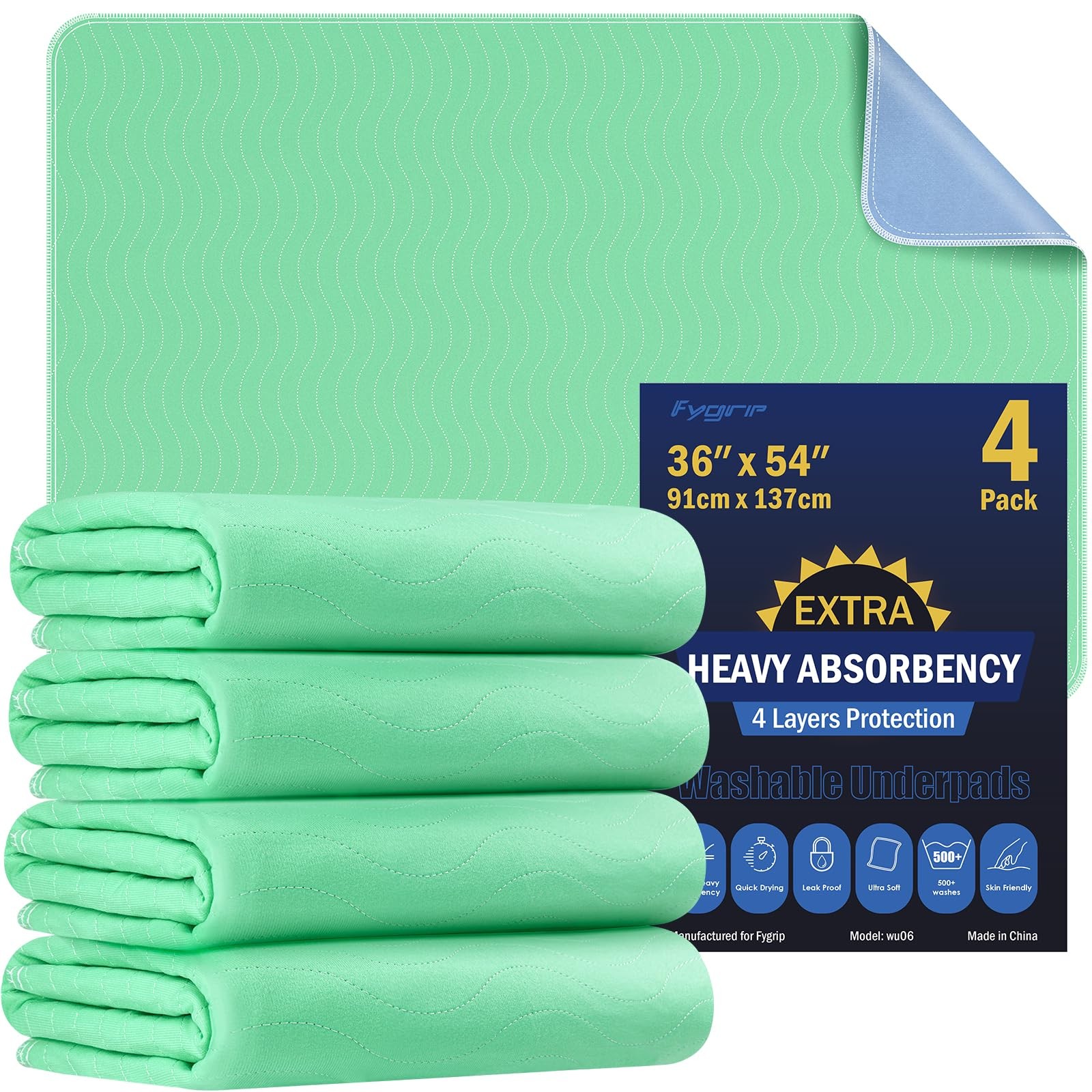 Washable Underpads 4 Pack 36×54 Extra Heavy Absorbency Waterproof Green Nursing