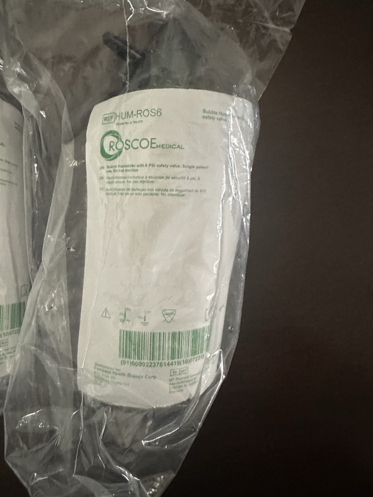 ROSCOE Medical Bubble Humidifier with 6 PSI Safety Valve HUM-ROS6 *SEALED*