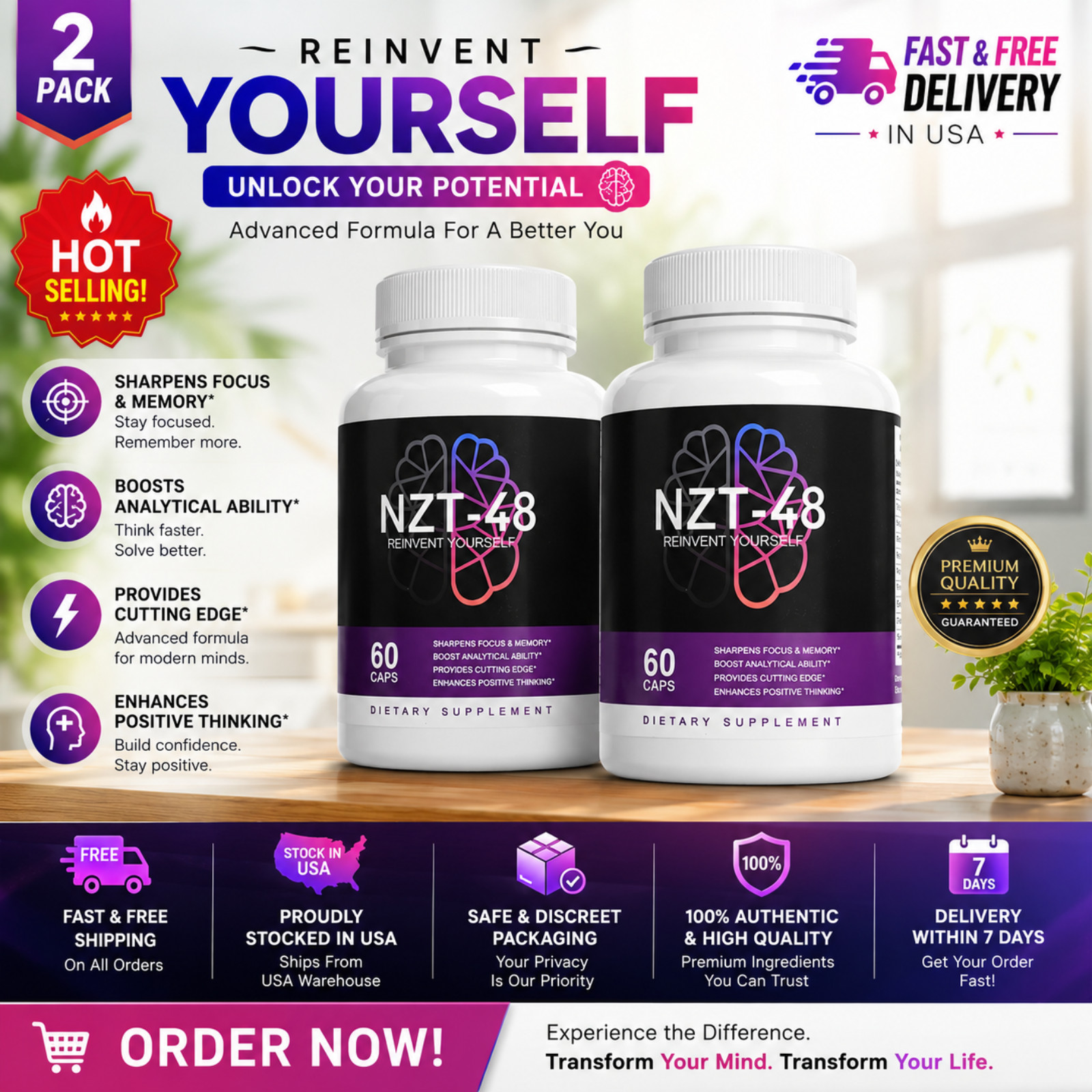 (2 Pack) NZT-48 Brain Booster, NZT-48 Limitless Focus Nootropic (120 Capsules)