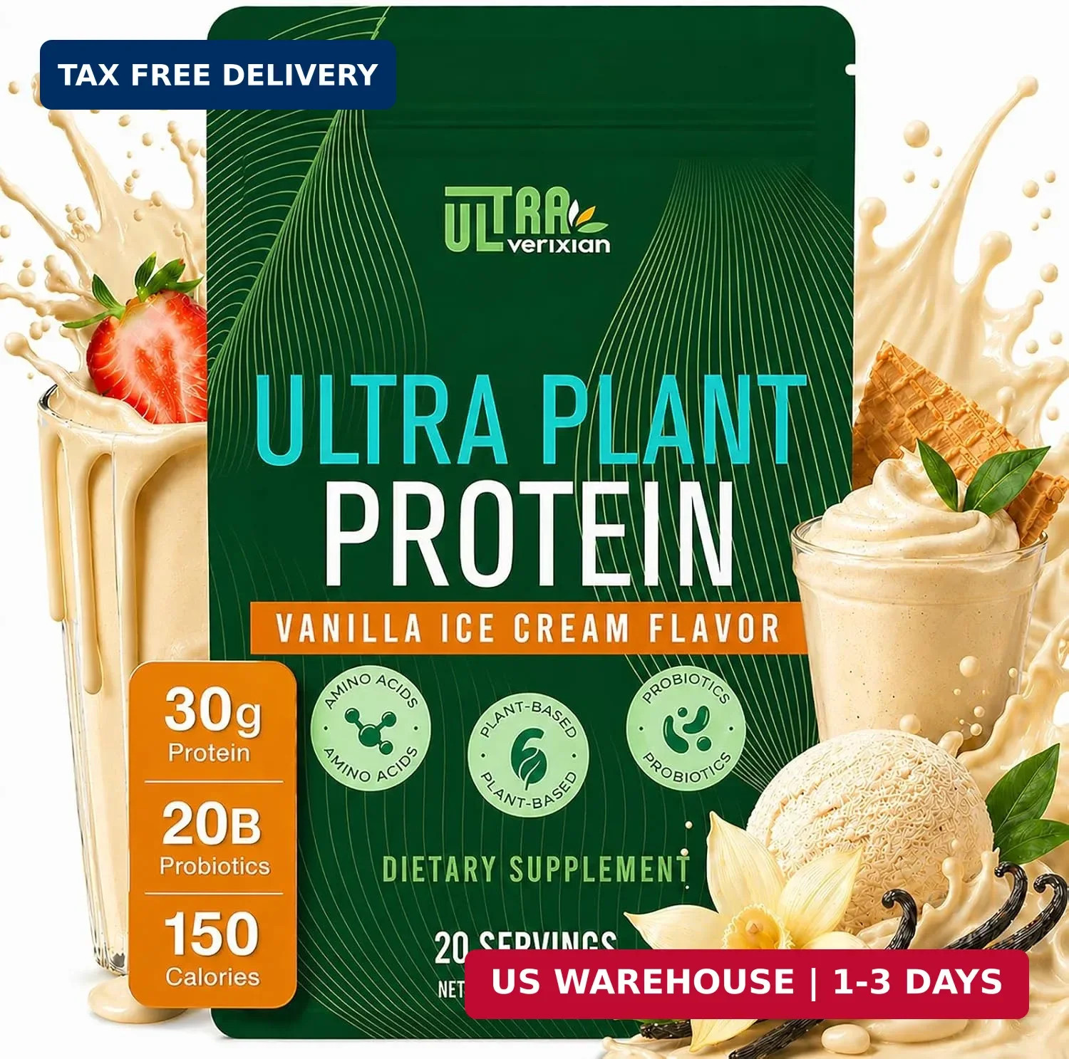 30g Organic Vegan Protein Powder Vanilla Meal Replacement 20B Probiotics 20S