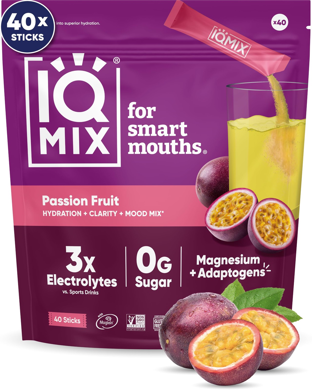 Hydration Electrolyte Powder 40 Count Sugar Free Keto Passion Fruit IQMIX 4-in-1