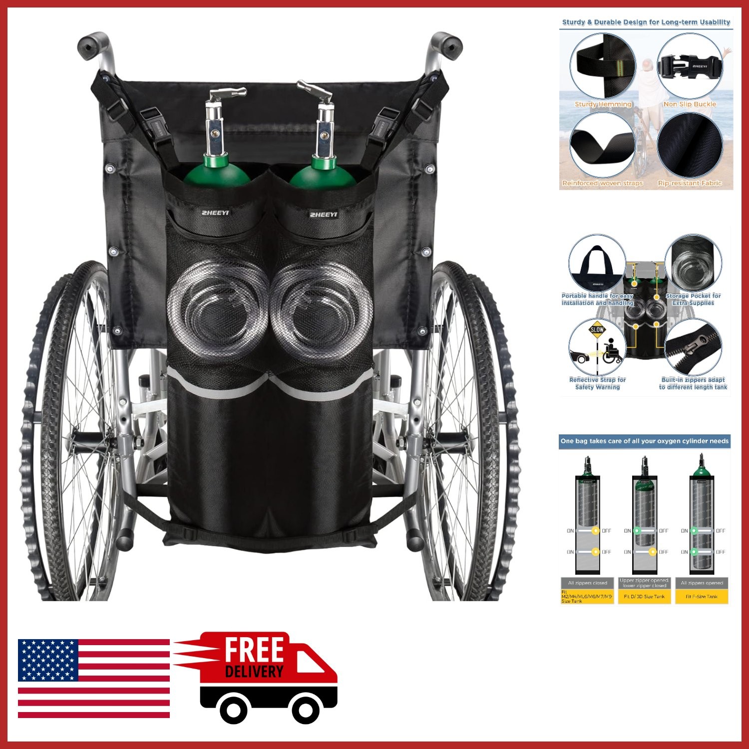 Black Oxygen Cylinder Bag for Wheelchairs Easy Install with Adjustable Zippers