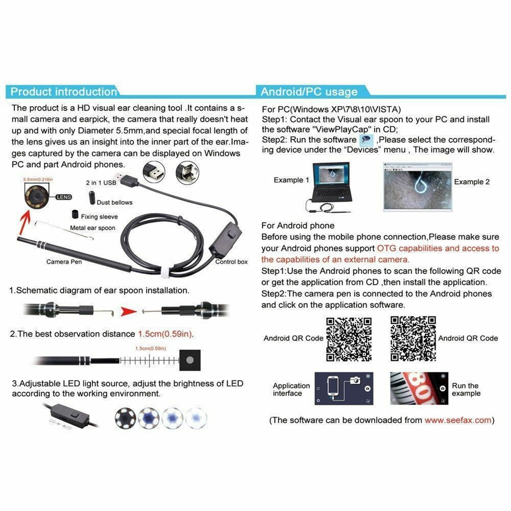 LED Ear Cleaning Endoscope USB 5.5mm Visual Earpick HD Pen Camera Spoon Otoscope