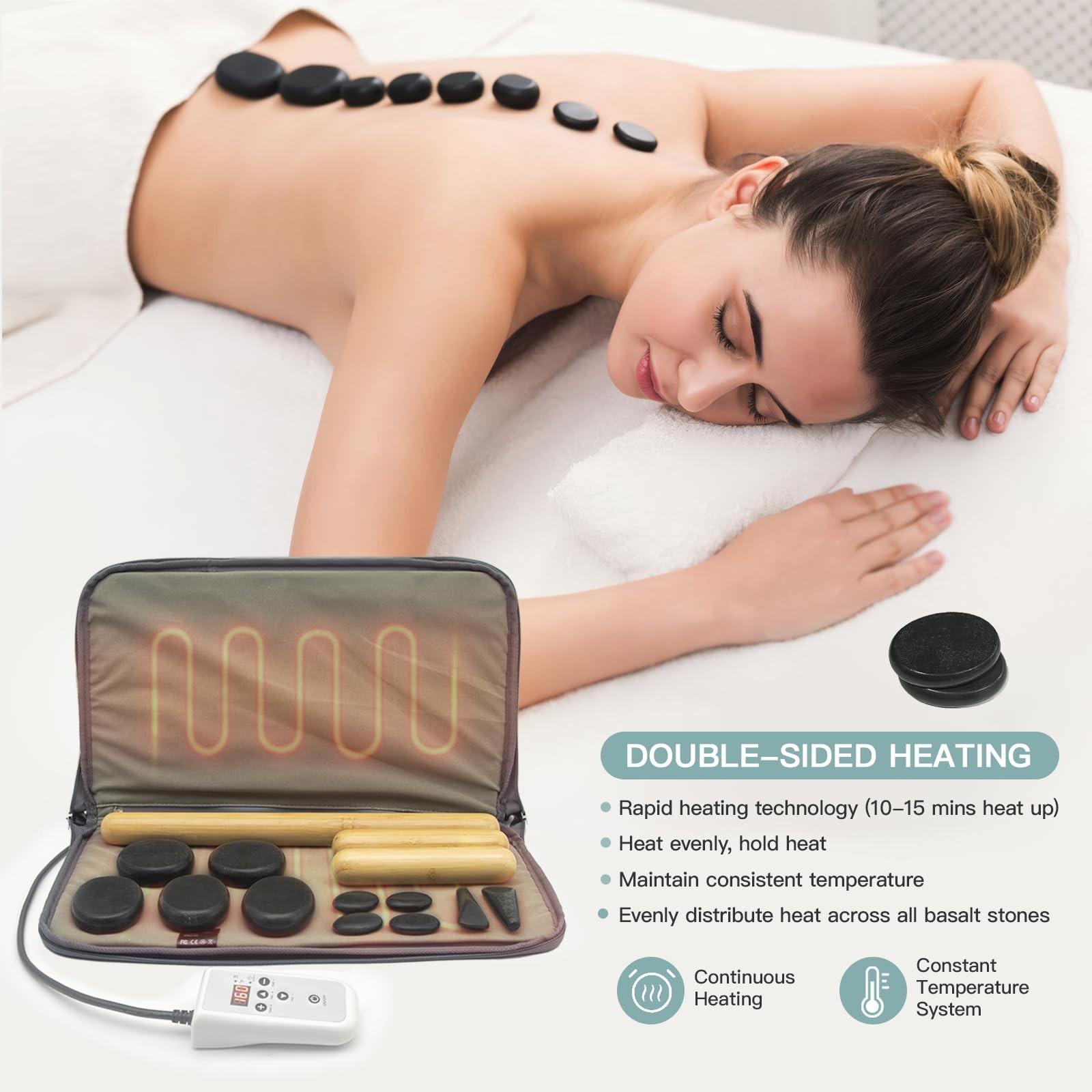 Massage Stones Set 11 Rocks Hot Stone Warmer Kit Temperature Control Gray Bamboo