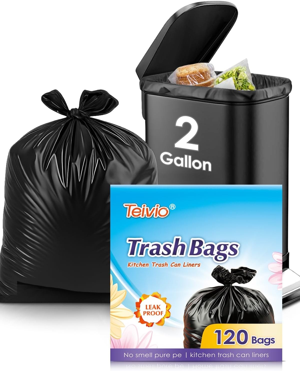 2 Gallon 100 Counts Small Strong Black Trash 1 Count (Pack of 100), black