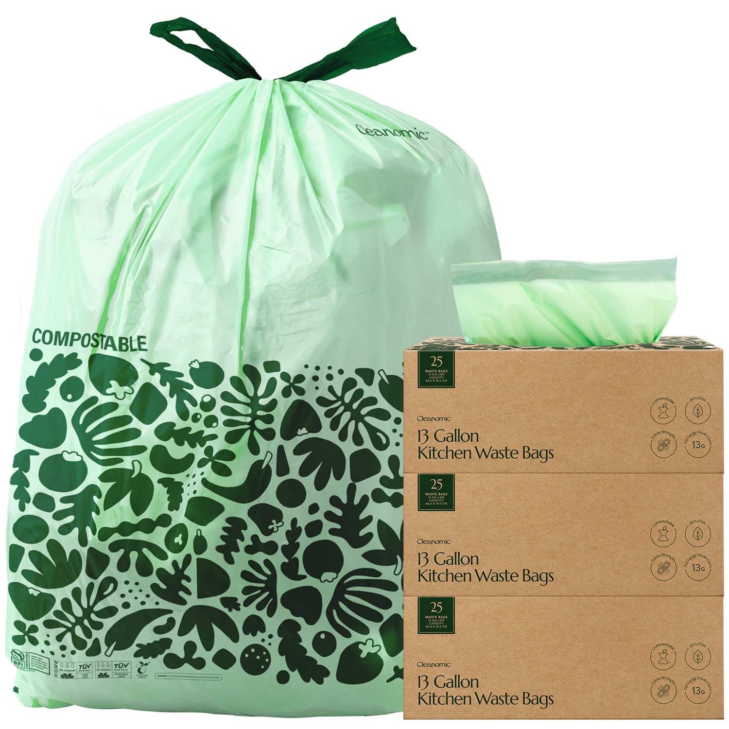 Compostable Trash Bags 13 Gallon Drawstring 25 Count Pack of 3 Green Cleanomic