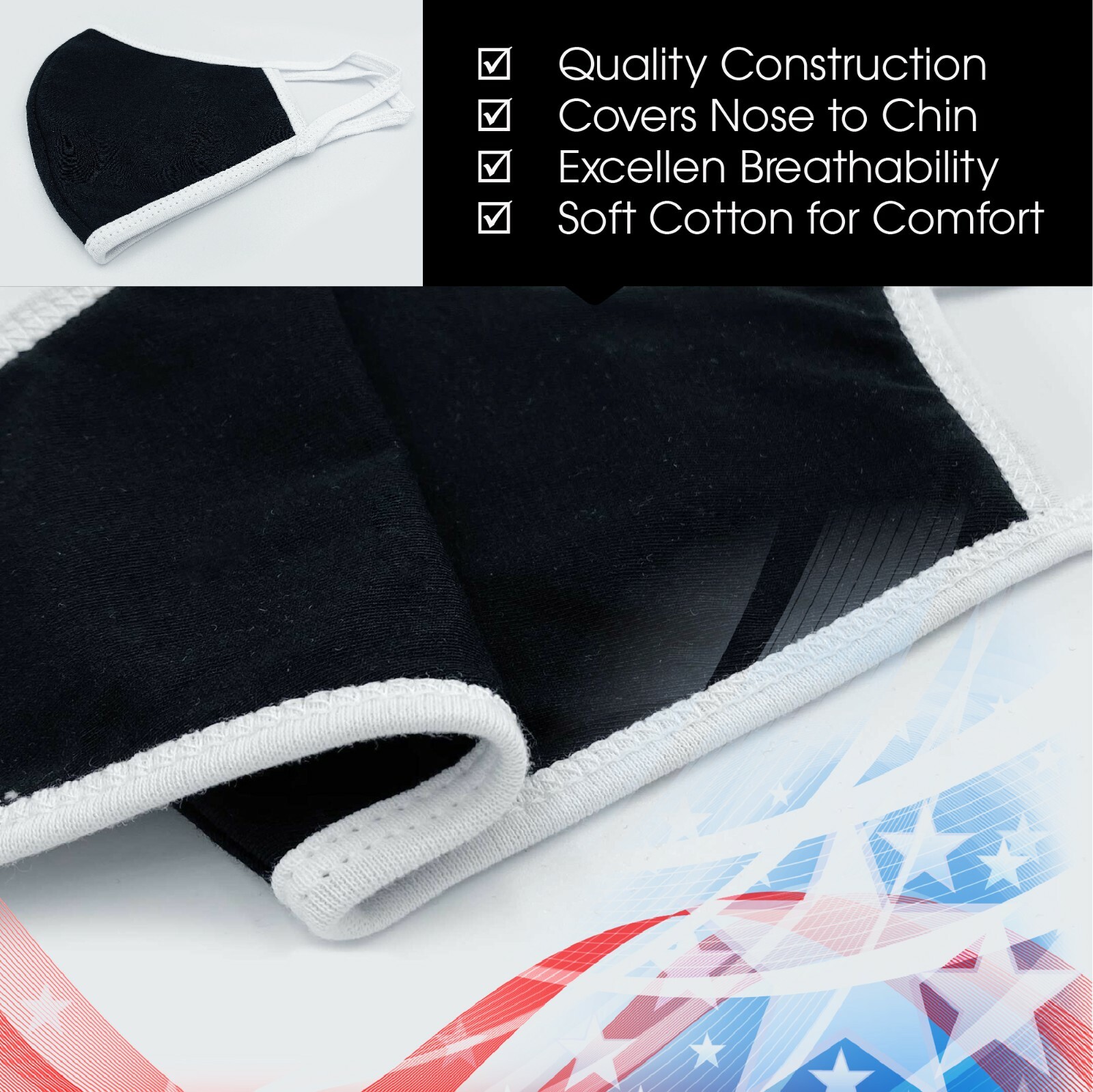 Face Mask Premium Black White Seam Reusable Washable Cotton Mask (Pack of 10)