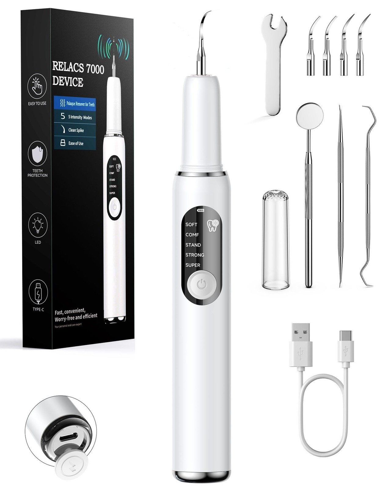 Dental Plaque Remover 5 Speed Modes LED Light 3 Heads RELACS 7000 Teeth Tartar