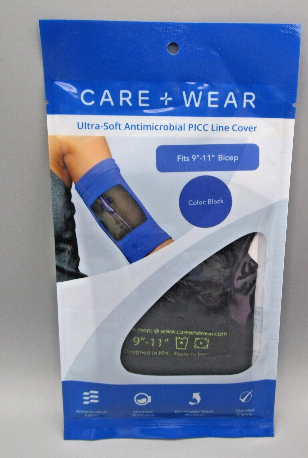 CARE + WEAR~XS 9″-11″ Bicep~Black Ultra-Soft Antimicrobial PICC Line Cover
