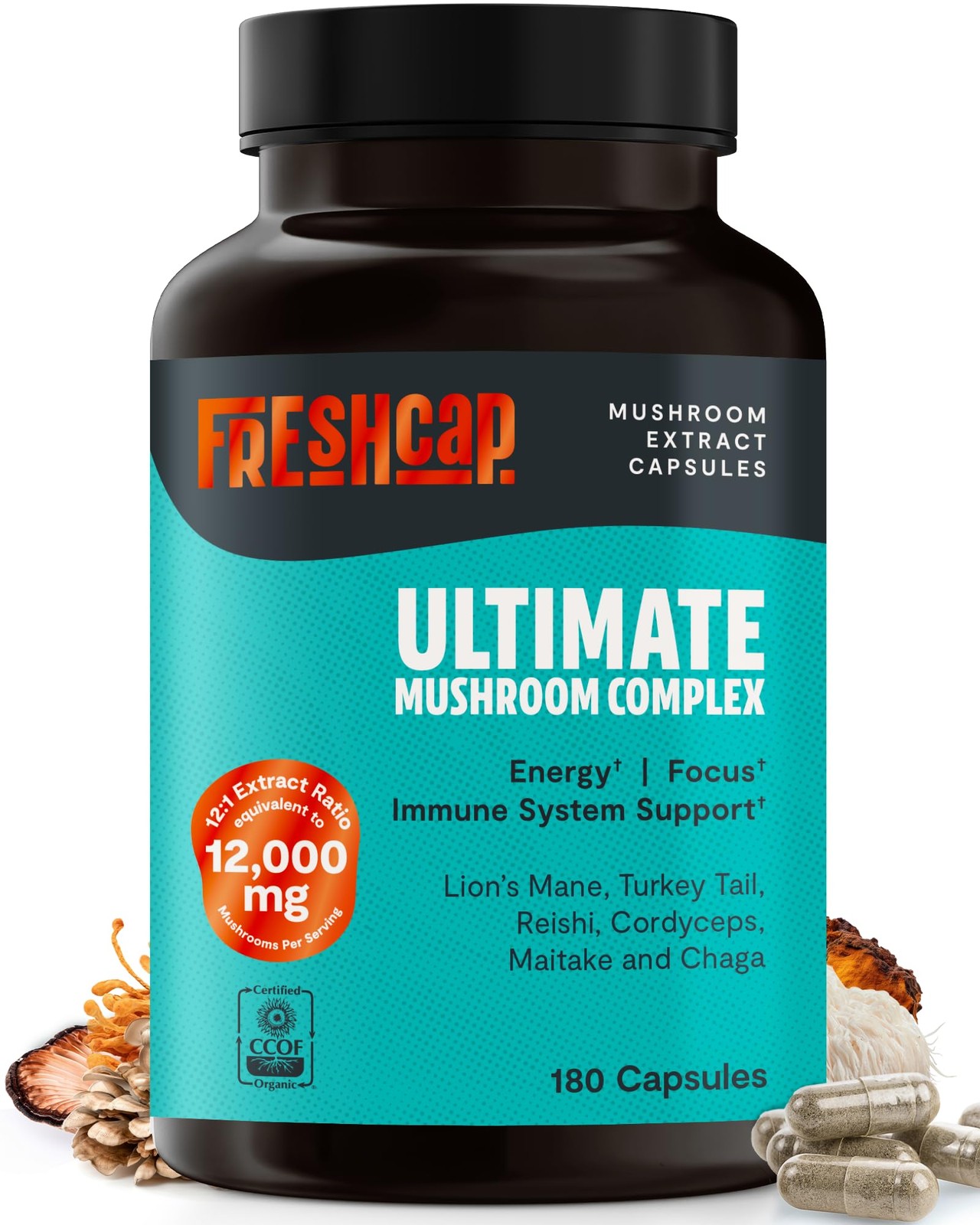 Mushroom Capsules 180 Count Premium Organic 12 1 Extract FreshCap Mushrooms Body