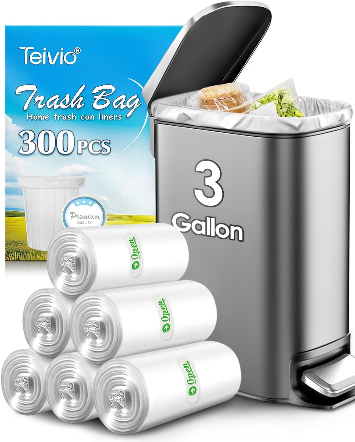 Teivio 3 Gallon 300 Counts Strong Trash Bags 1 Count (Pack of 300), Clear