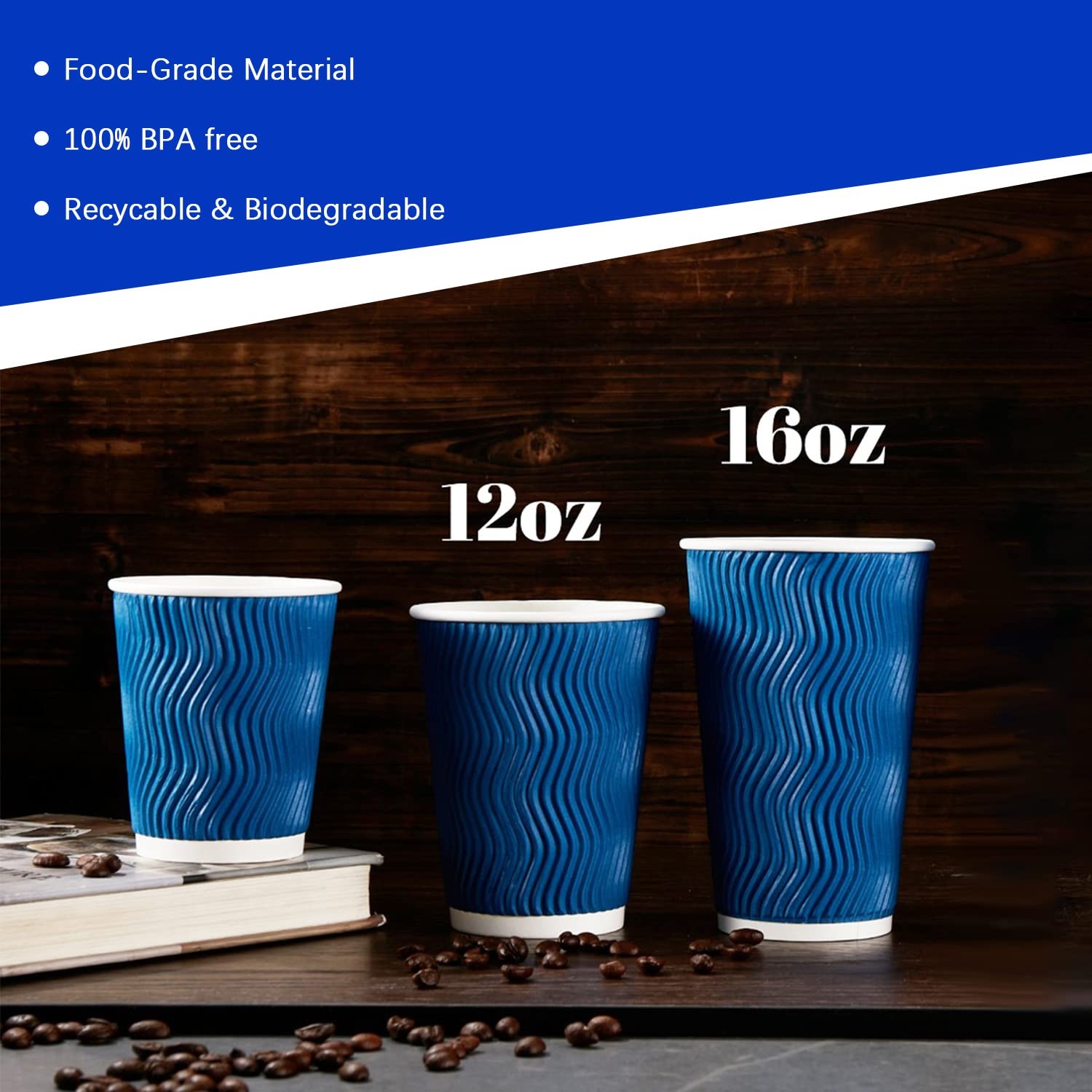 Insulated Paper Coffee Cups 12oz Ripple Wall Navy Lamosi 500-Count Bulk