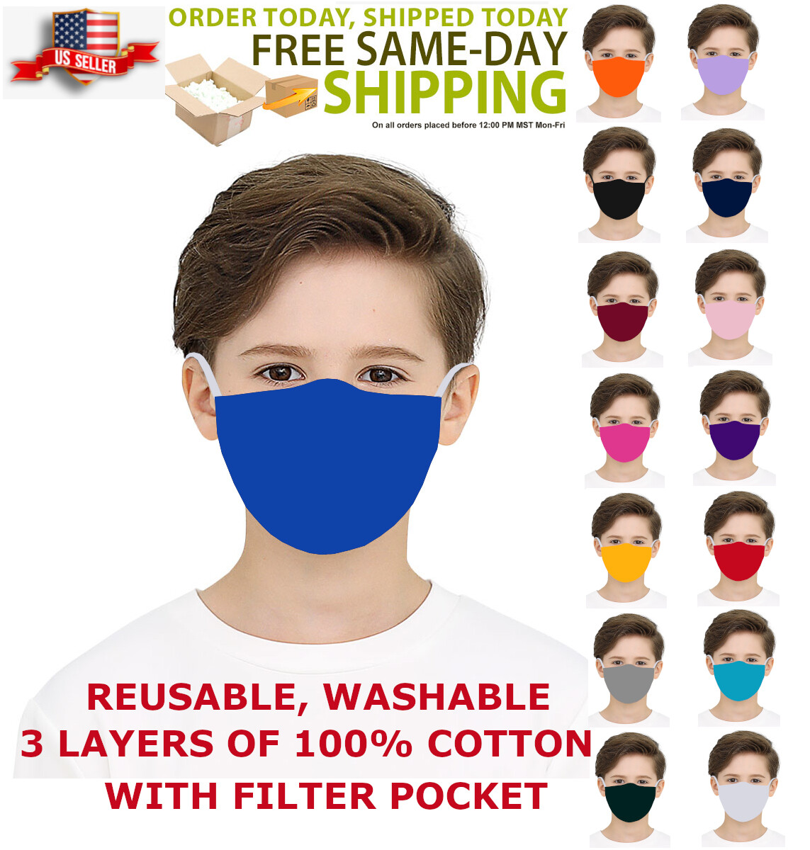Toddler Face Mask Triple Layers 100% Cotton Washable Reusable With Filter Pocket