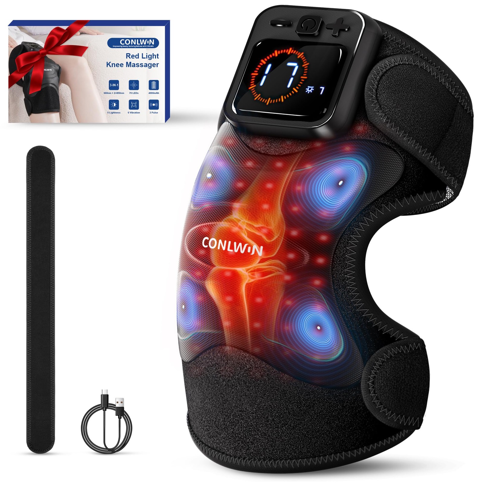 Cordless Knee Massager 4-in-1 Heat Red Light Therapy 6 Vibration CONLWIN