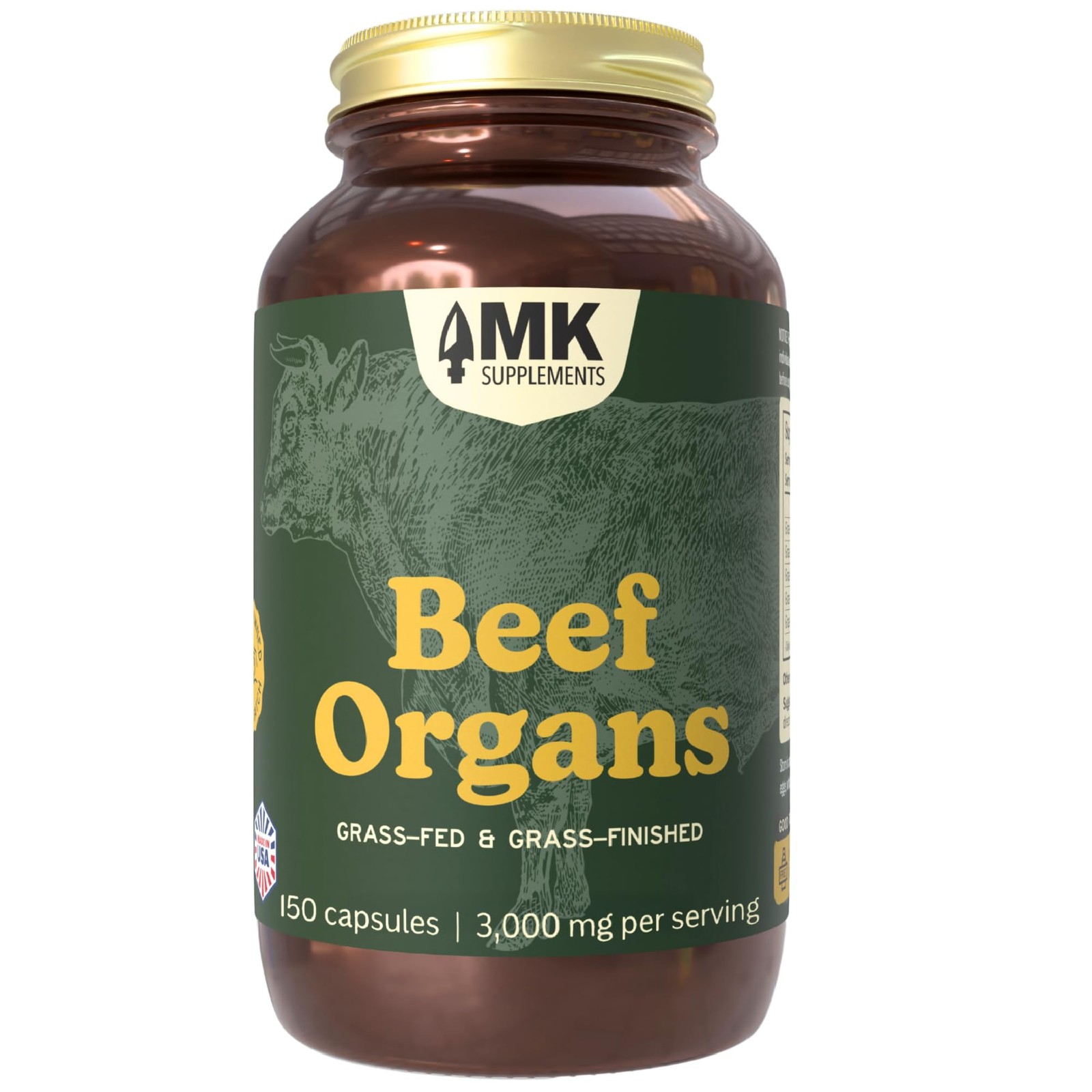 Grass Fed Beef Organs Capsules 150 Count B12 Copper Heme Iron MK Supplements