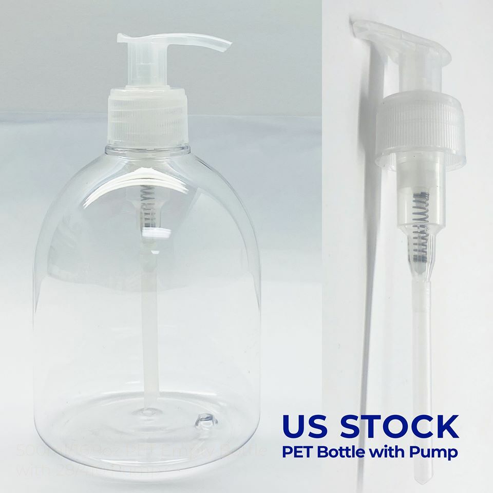 16.9oz Clear Plastic Pump Bottle w/ Pump Cap – Boston Round – Refillable- (9 Pcs