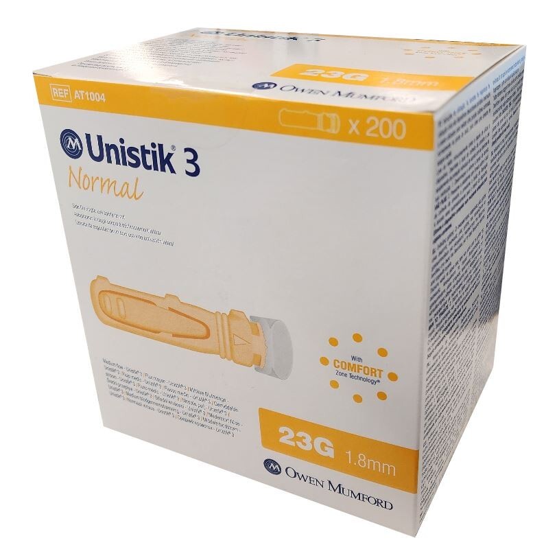 *200-Pieces* Owen Mumford Unistik 3 Normal 23g x 1.8mm Lancet Yellow AT1004