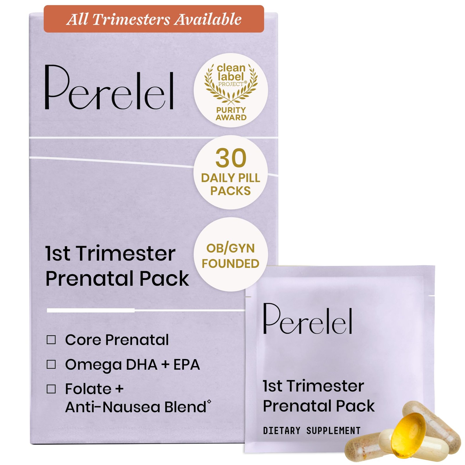 Prenatal Vitamin Pack 1st Trimester Folate Omega 3 Iron Ginger 30 Count Perelel