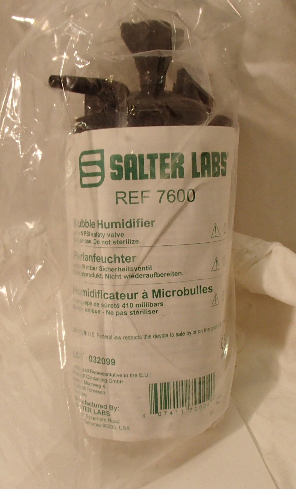 Salter Labs 7600 Bubble Humidifier Bottle Black Lid 6 PSI Safety Valve