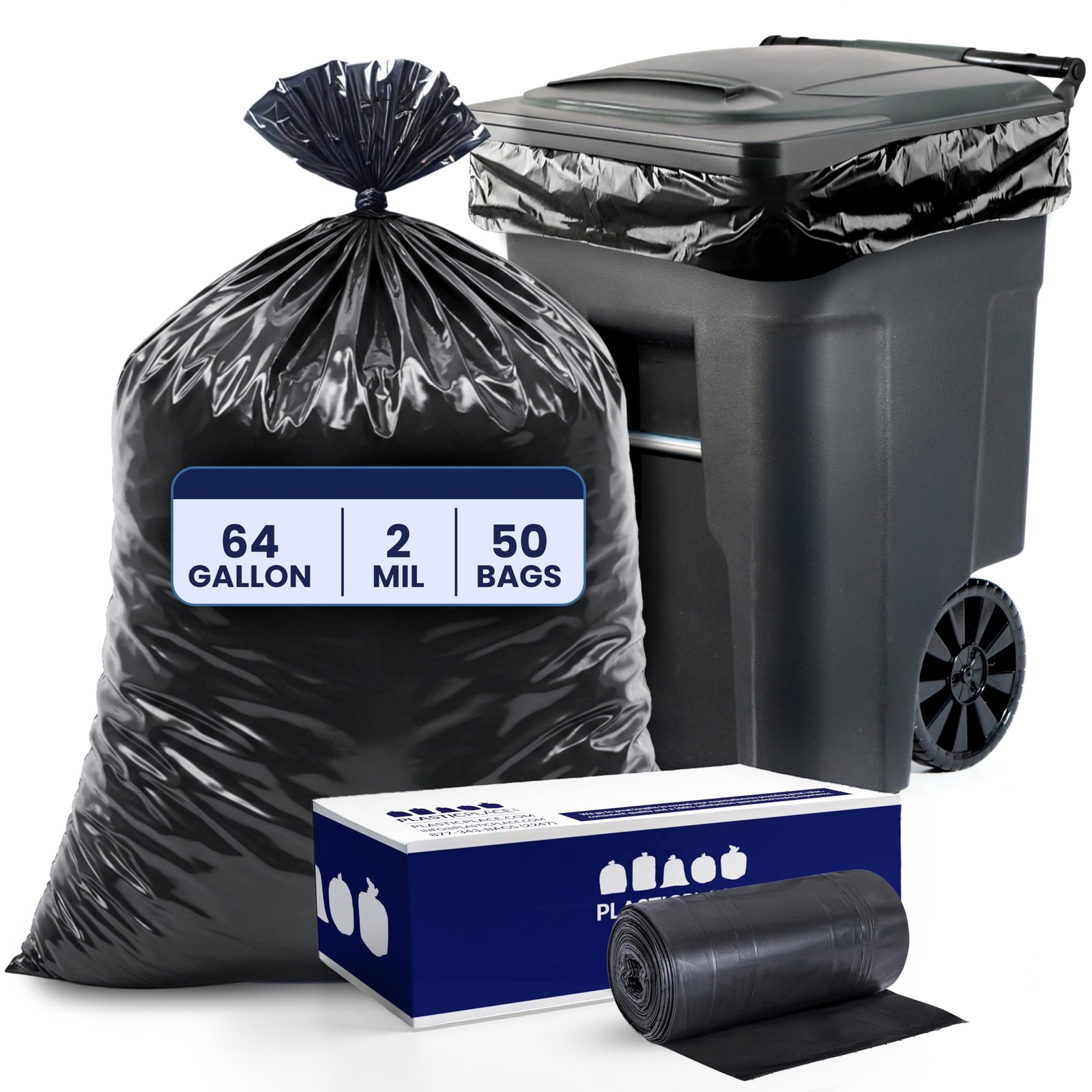 Plasticplace – W65LDBTL2RL 64-65 Gallon Trash Can 1 Count (Pack of 50), Black