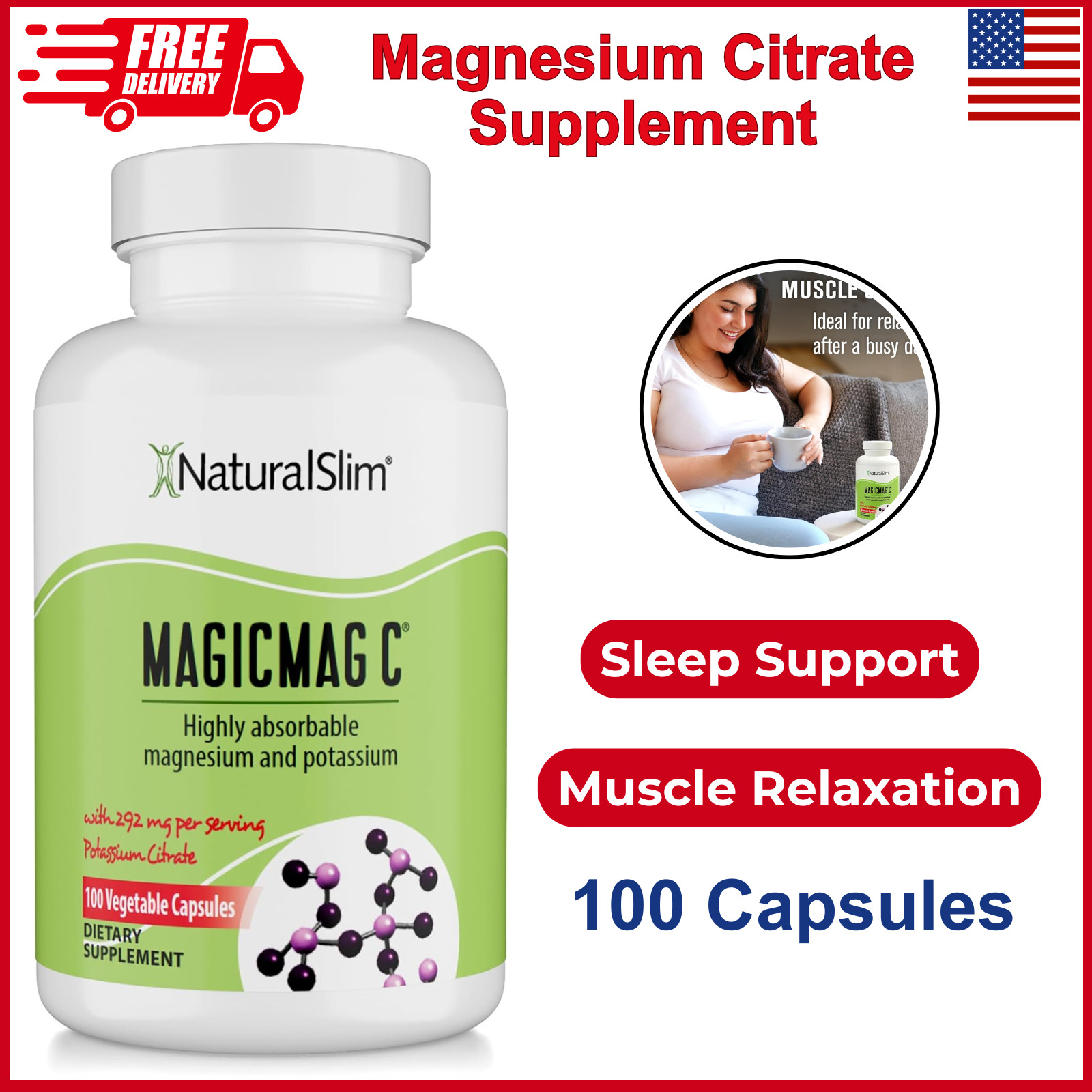 MagicMag C by NaturalSlim, Magnesium Citrate W Potassium For Muscle Relax,100Cap
