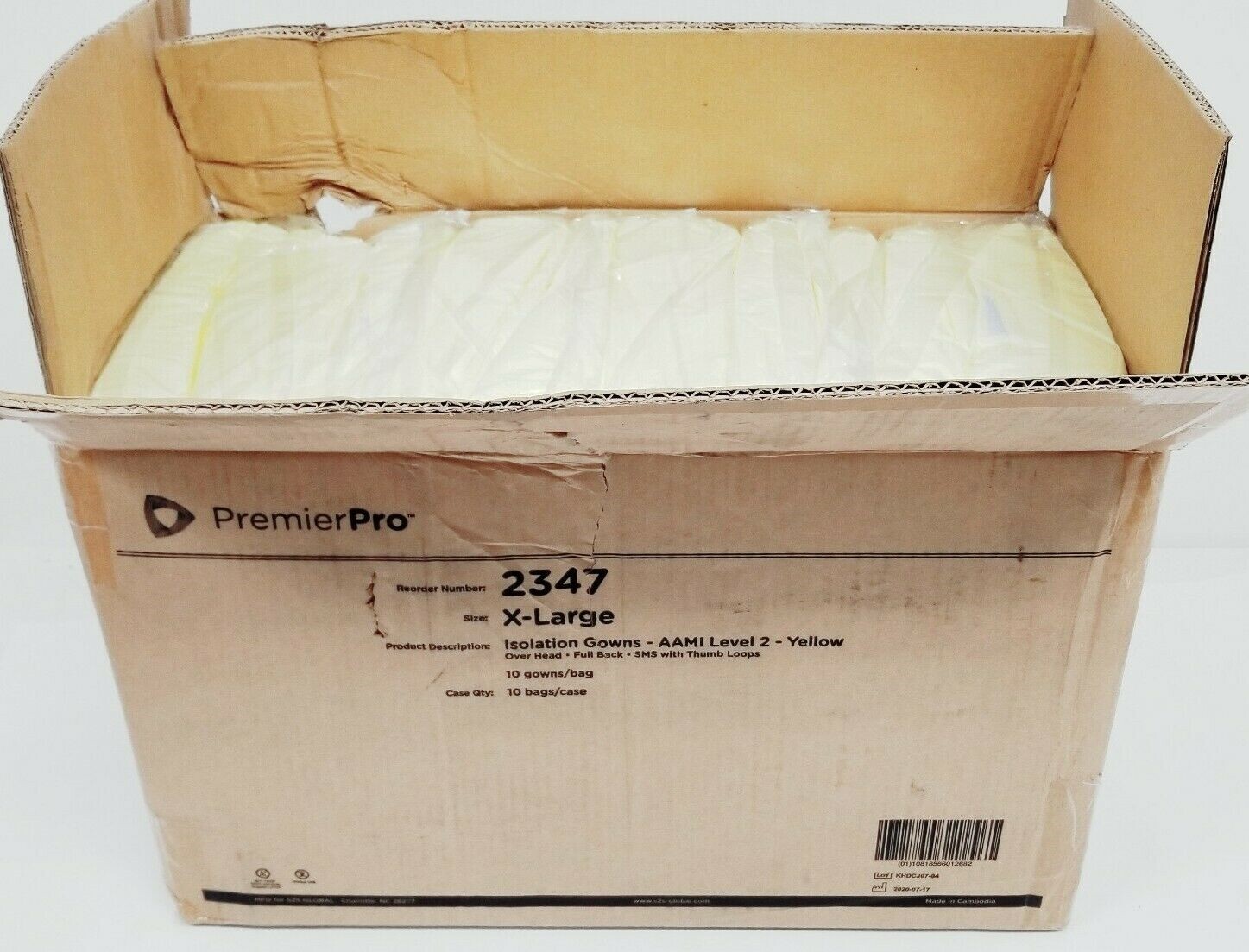Case of 100 Premier Pro AAMI Level 2 Yellow Over Head XL Gowns 2347 New