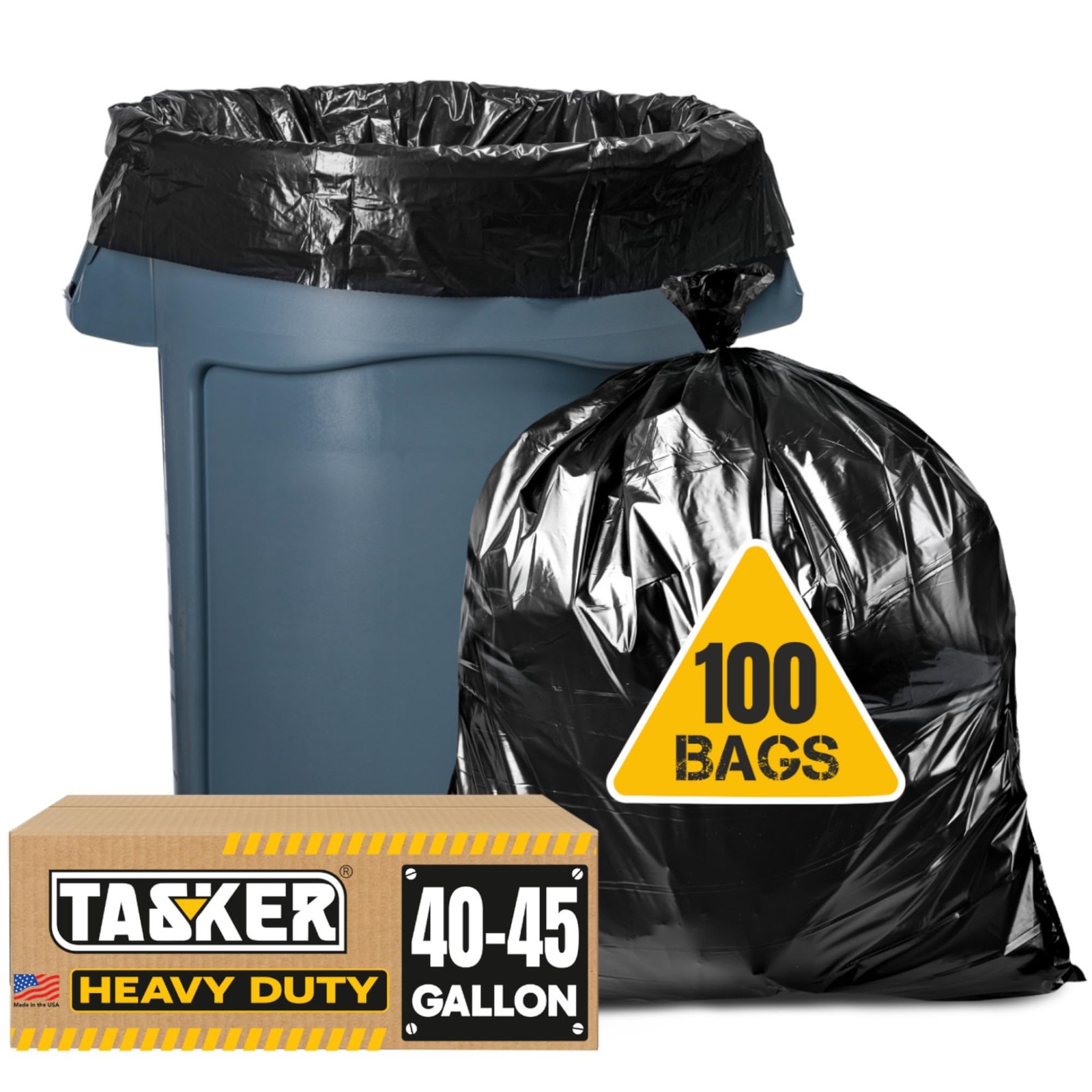 Tasker 44-45 Gallon Trash Bags Heavy Duty, 1 Count (Pack of 100), Black
