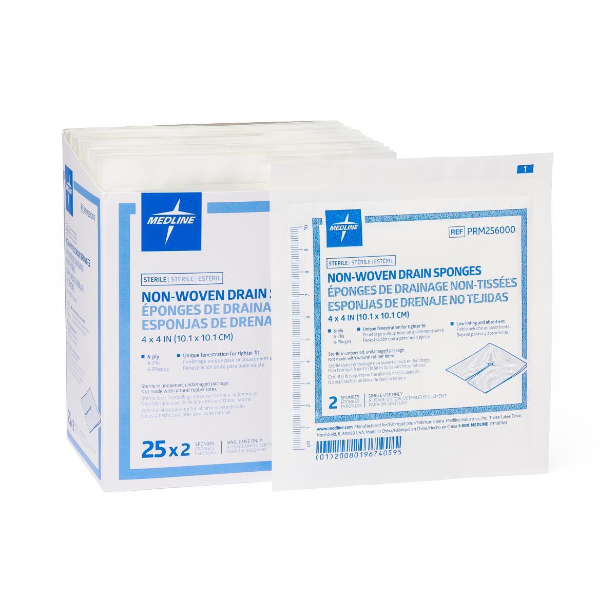 Nonwoven Sterile 6-Ply Drain Sponges, 4″ x 4″, Box of 50